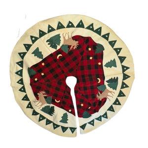 Vintage Christmas Tree Skirt Buffalo Check Evergreen Moose Red and Green
